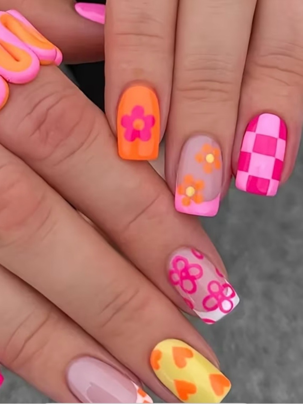 🌸 Colorful Retro Floral & Heart Press-On Nails | Square Medium
